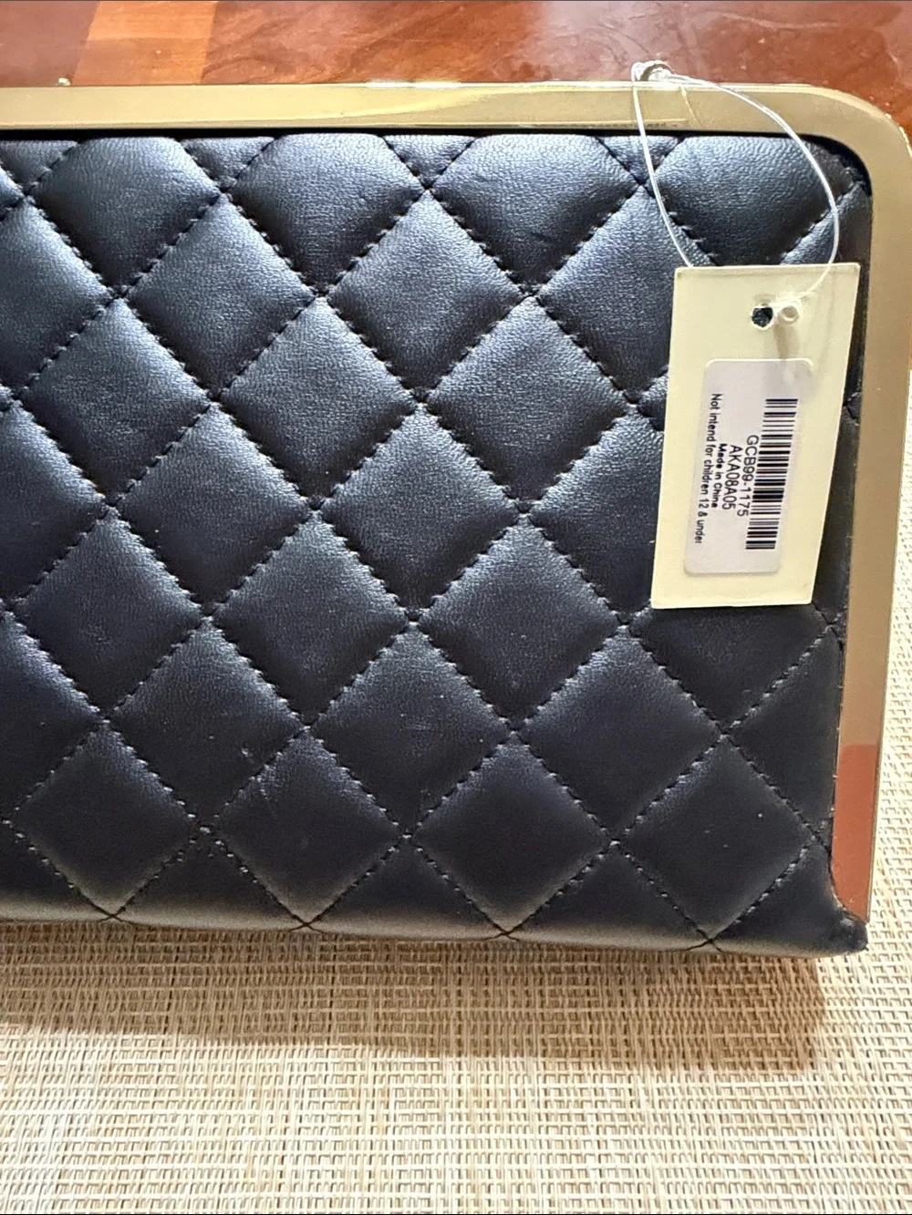 Quilted Black Women's Clutch with Gold and Rhinestone Trim